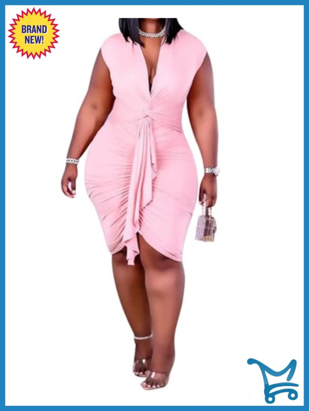 Plus Size Bodycon Drawstring Ruched Mini Club Dress Sleeveless Mock Neck